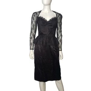 Vintage GUNNE SAX McClintock Black Lace Dress Peplum Wiggle Sweetheart Small
